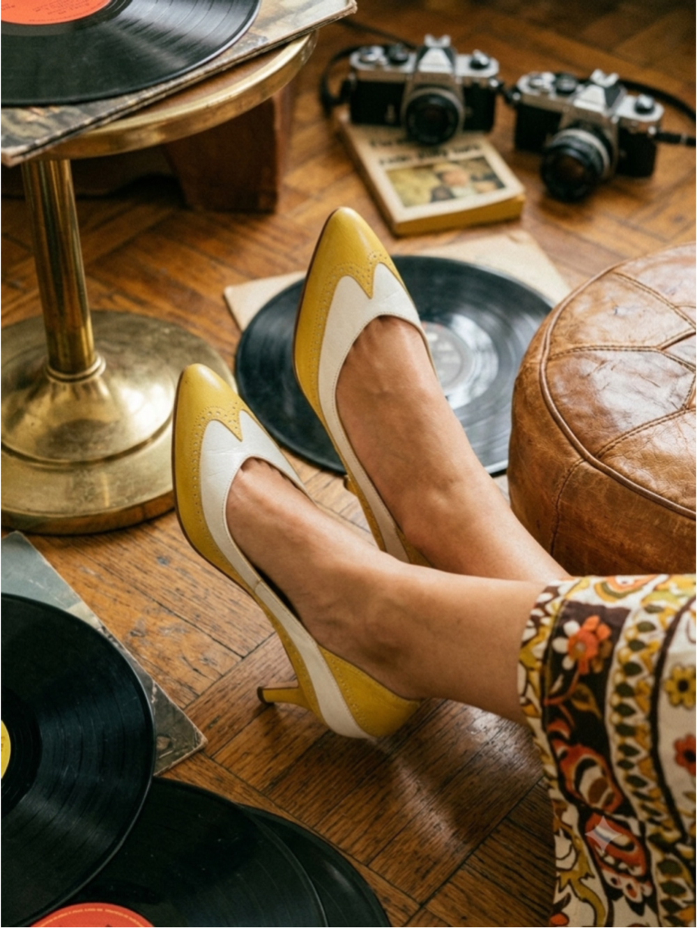 Vintage The Touch of Nina Yellow White Spectator Pumps Heels 6.5 M Leather Wingt